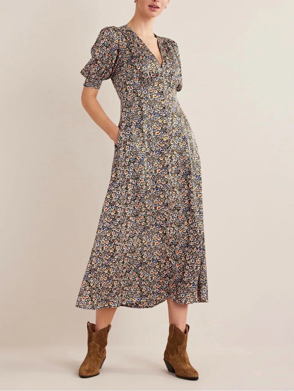 Boden Satin Midi Tea Dress in Multi Eden Bloom Floral Print Size 10R